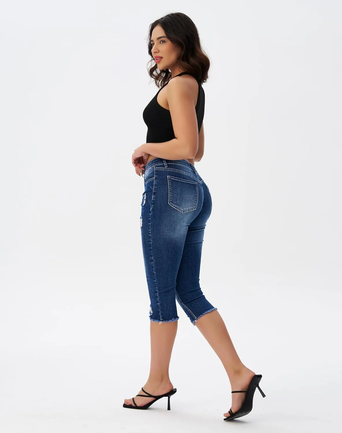 roswear Women's Capri Pants Mid Rise Skinny Ripped Stretchy Cropped Distressed Jeans