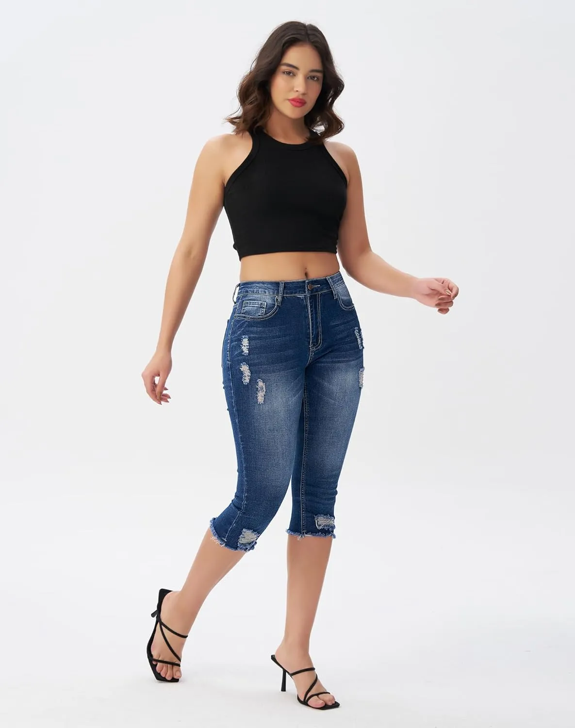 roswear Women's Capri Pants Mid Rise Skinny Ripped Stretchy Cropped Distressed Jeans