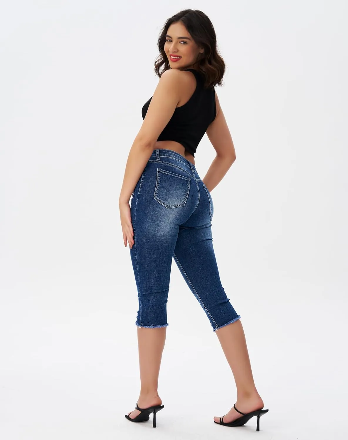 roswear Women's Capri Pants Mid Rise Skinny Ripped Stretchy Cropped Distressed Jeans