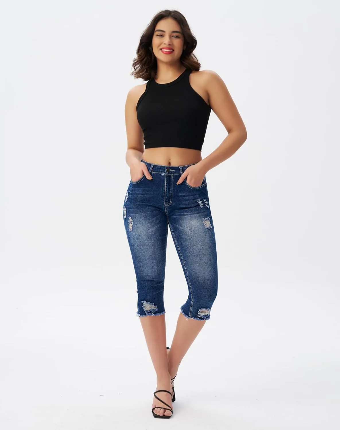 roswear Women's Capri Pants Mid Rise Skinny Ripped Stretchy Cropped Distressed Jeans
