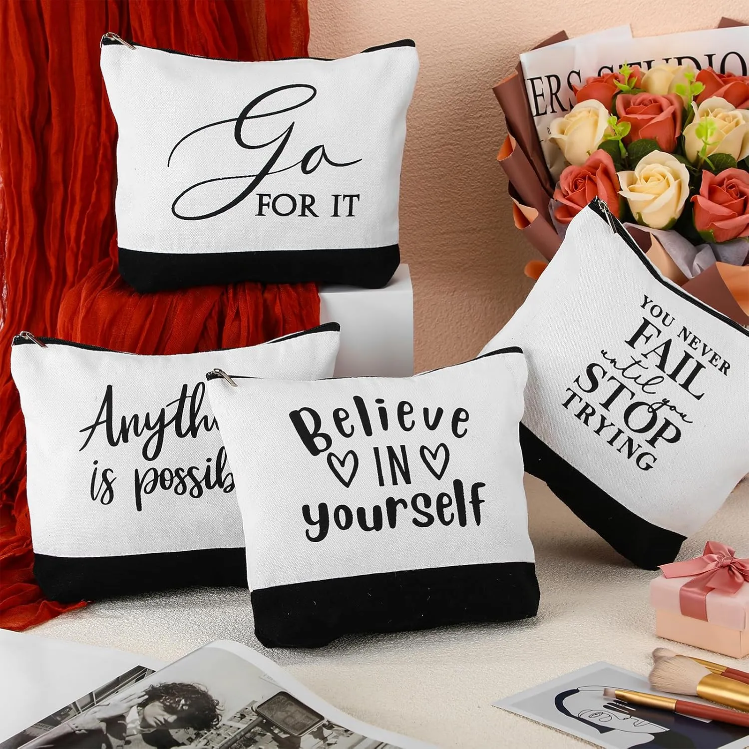 Sanwuta 10pcs Inspirational Mother's Day Gifts for Women Make up Bags Cosmetic Bags Employee Appreciation Black White Cosmetic Pouch with Zipper Nurse Team Gift (Classic)
