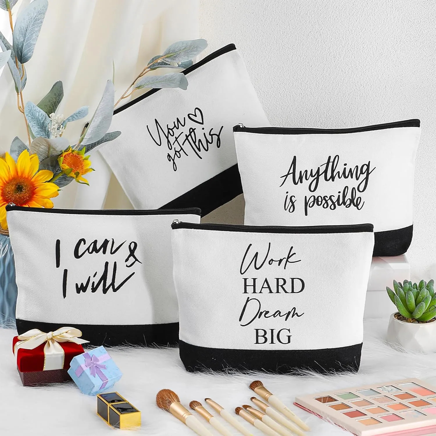 Sanwuta 30pcs Inspirational Mother's Day Gifts for Women Make up Bags Cosmetic Bags Employee Appreciation Black White Cosmetic Pouch with Zipper Nurse Team Gift (Classic)
