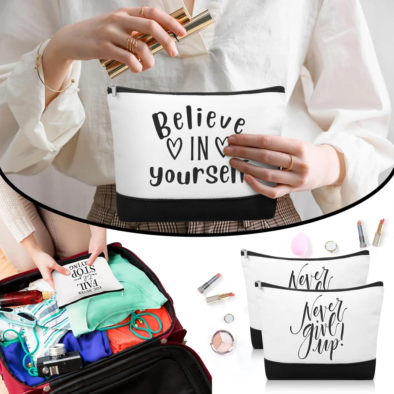 Sanwuta 30pcs Inspirational Mother's Day Gifts for Women Make up Bags Cosmetic Bags Employee Appreciation Black White Cosmetic Pouch with Zipper Nurse Team Gift (Classic)