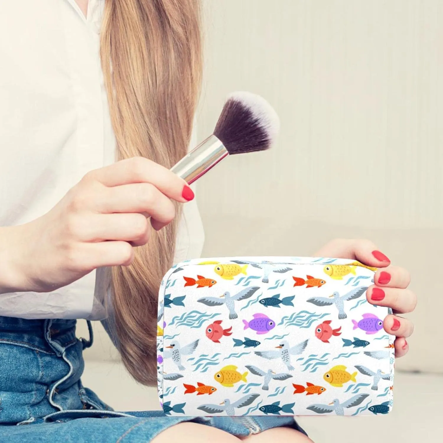 Sea Life and Birds Cosmetic Makeup Bags, Small Travel Zipper Pouch Portable Toiletry Bag Makeup Organizer for Women Teen Girls