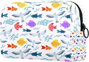 Sea Life and Birds Cosmetic Makeup Bags, Small Travel Zipper Pouch Portable Toiletry Bag Makeup Organizer for Women Teen Girls