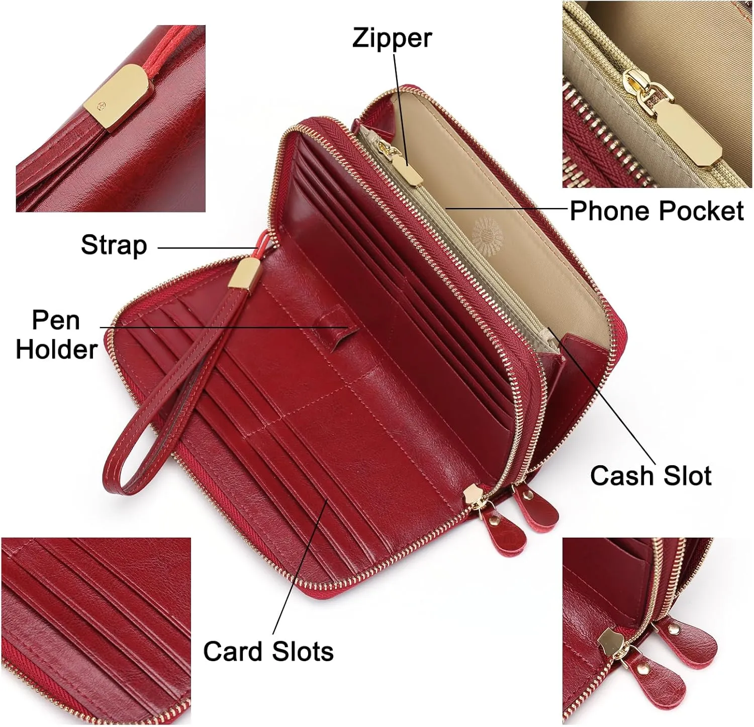 SENDEFN Leather Women Wallet RFID Blocking Zipper Around Phone Holder Clutch Wristlet Large Capacity