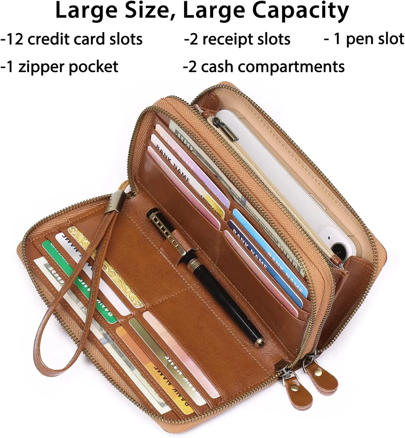 SENDEFN Leather Women Wallet RFID Blocking Zipper Around Phone Holder Clutch Wristlet Large Capacity