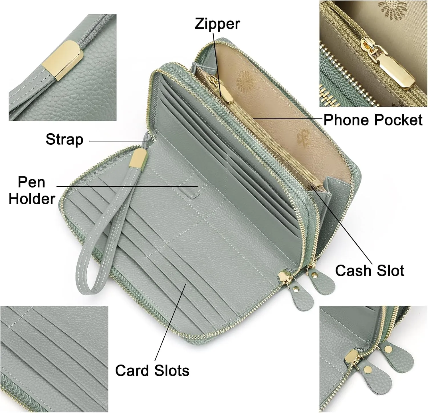 SENDEFN Leather Women Wallet RFID Blocking Zipper Around Phone Holder Clutch Wristlet Large Capacity