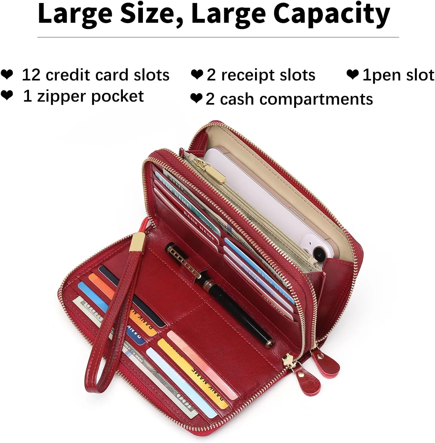 SENDEFN Leather Women Wallet RFID Blocking Zipper Around Phone Holder Clutch Wristlet Large Capacity