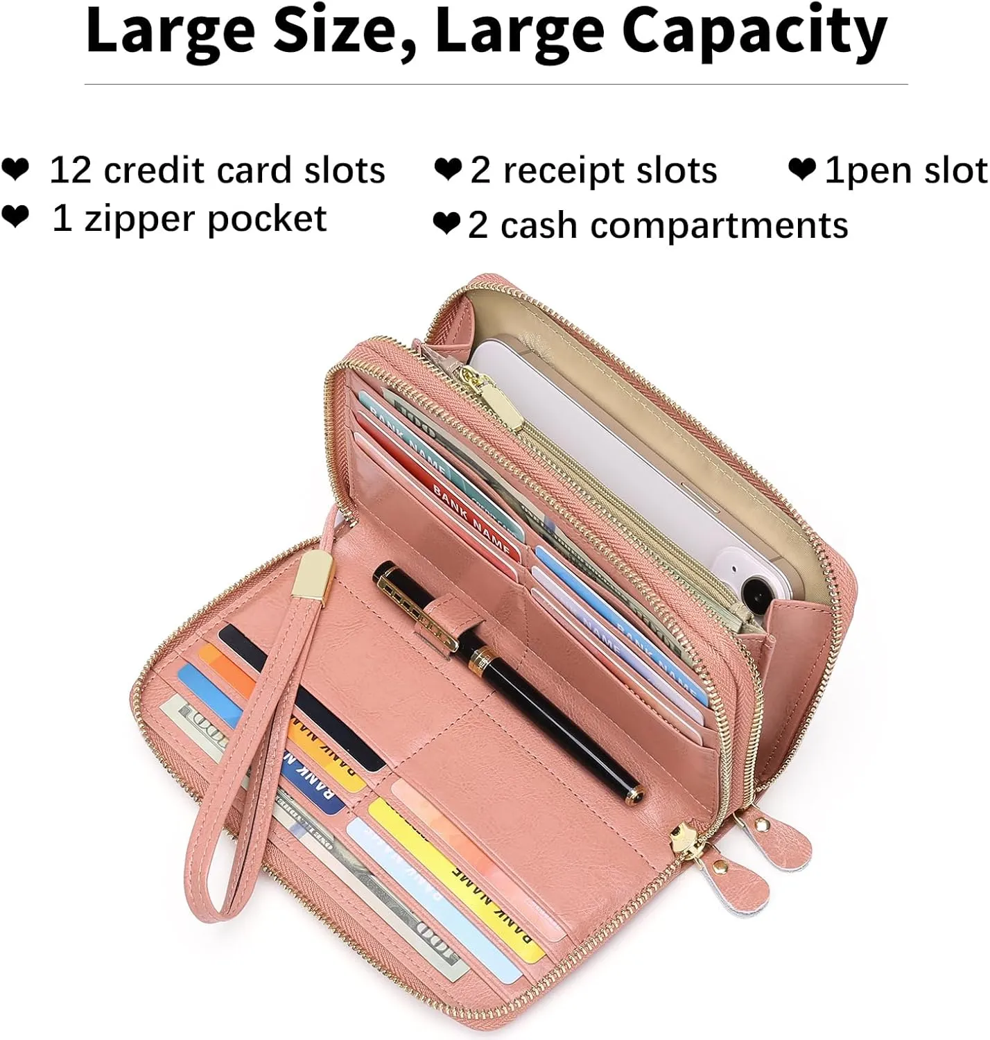 SENDEFN Leather Women Wallet RFID Blocking Zipper Around Phone Holder Clutch Wristlet Large Capacity