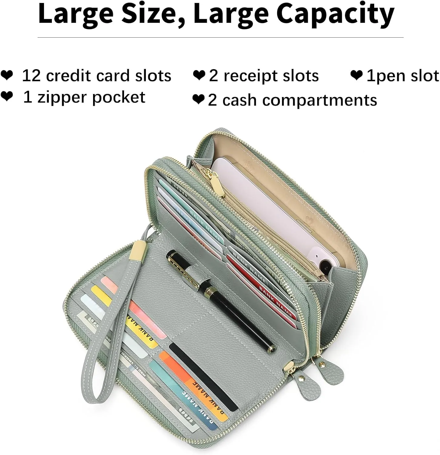 SENDEFN Leather Women Wallet RFID Blocking Zipper Around Phone Holder Clutch Wristlet Large Capacity