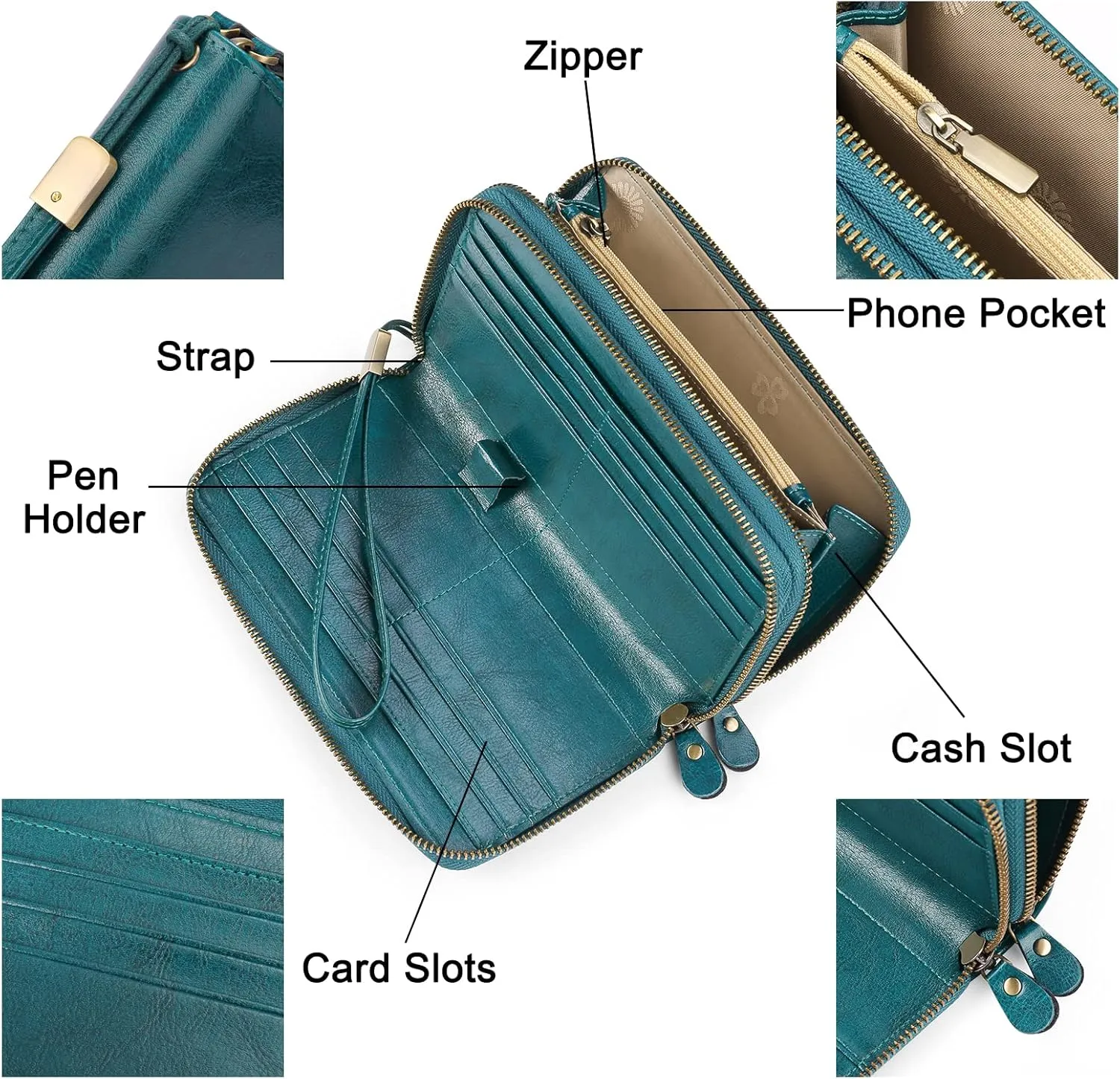 SENDEFN Leather Women Wallet RFID Blocking Zipper Around Phone Holder Clutch Wristlet Large Capacity
