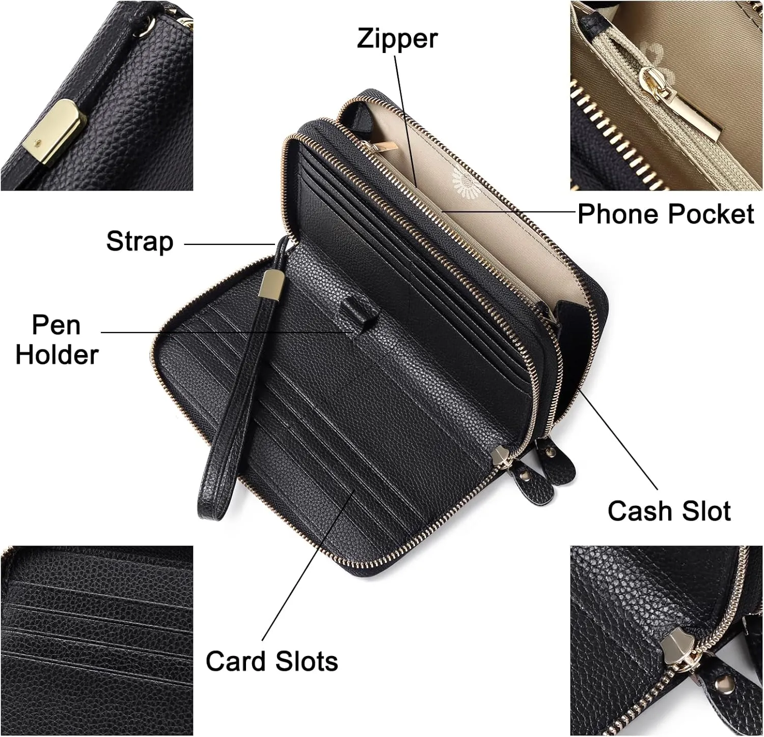SENDEFN Leather Women Wallet RFID Blocking Zipper Around Phone Holder Clutch Wristlet Large Capacity