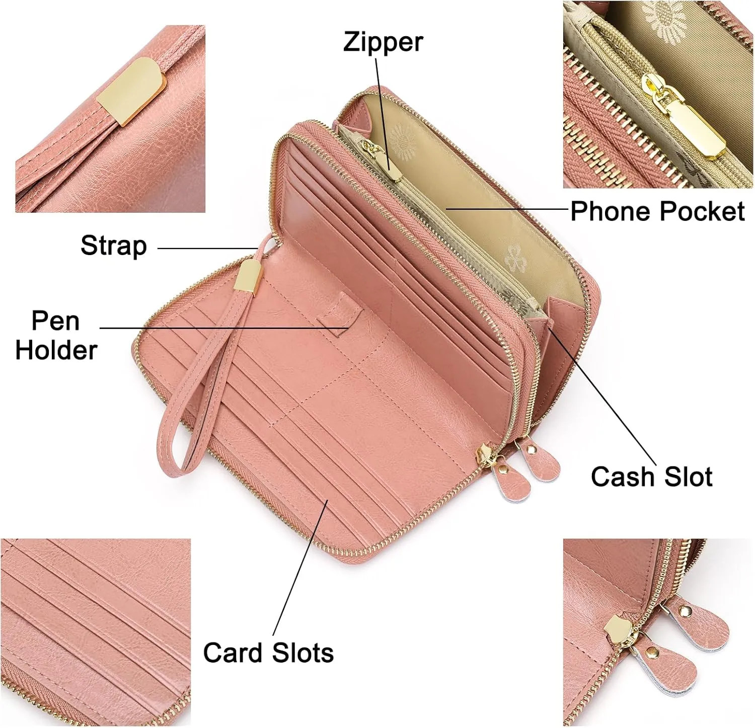 SENDEFN Leather Women Wallet RFID Blocking Zipper Around Phone Holder Clutch Wristlet Large Capacity