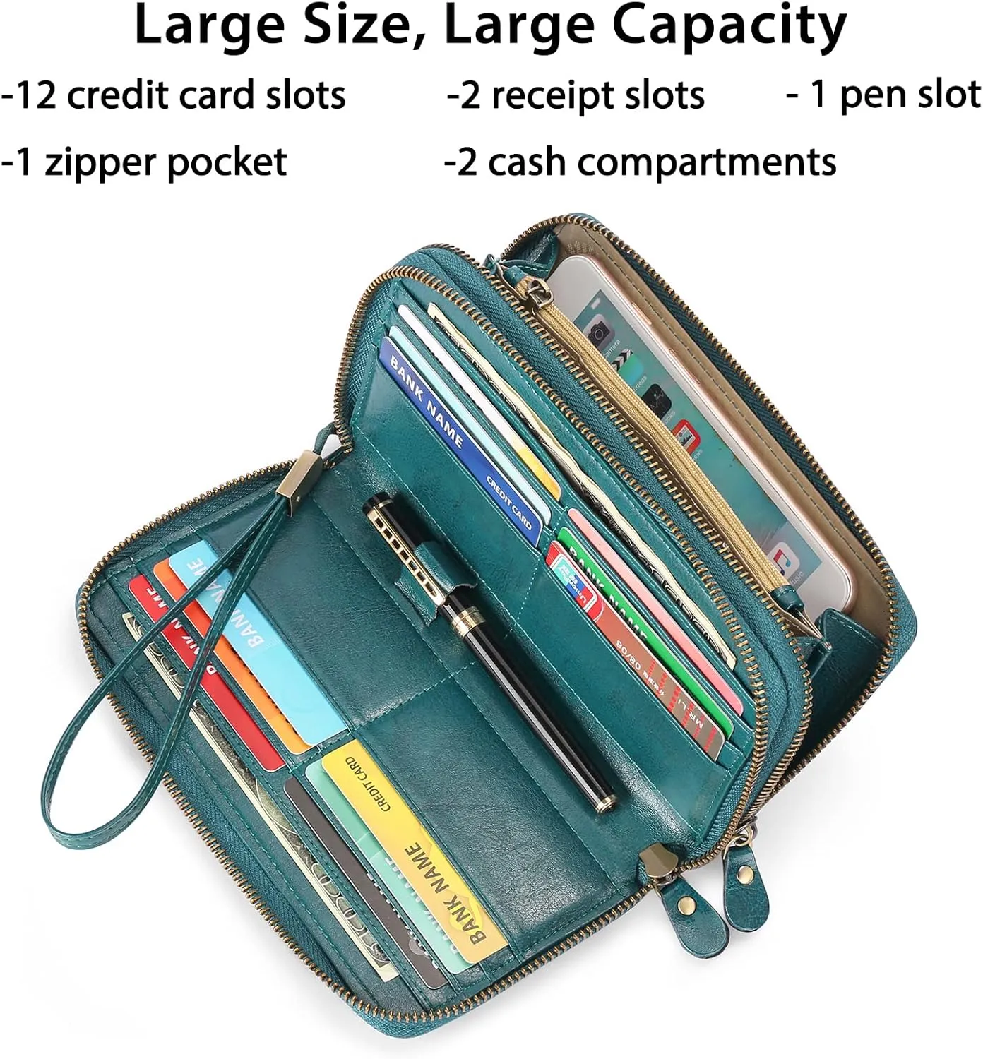 SENDEFN Leather Women Wallet RFID Blocking Zipper Around Phone Holder Clutch Wristlet Large Capacity