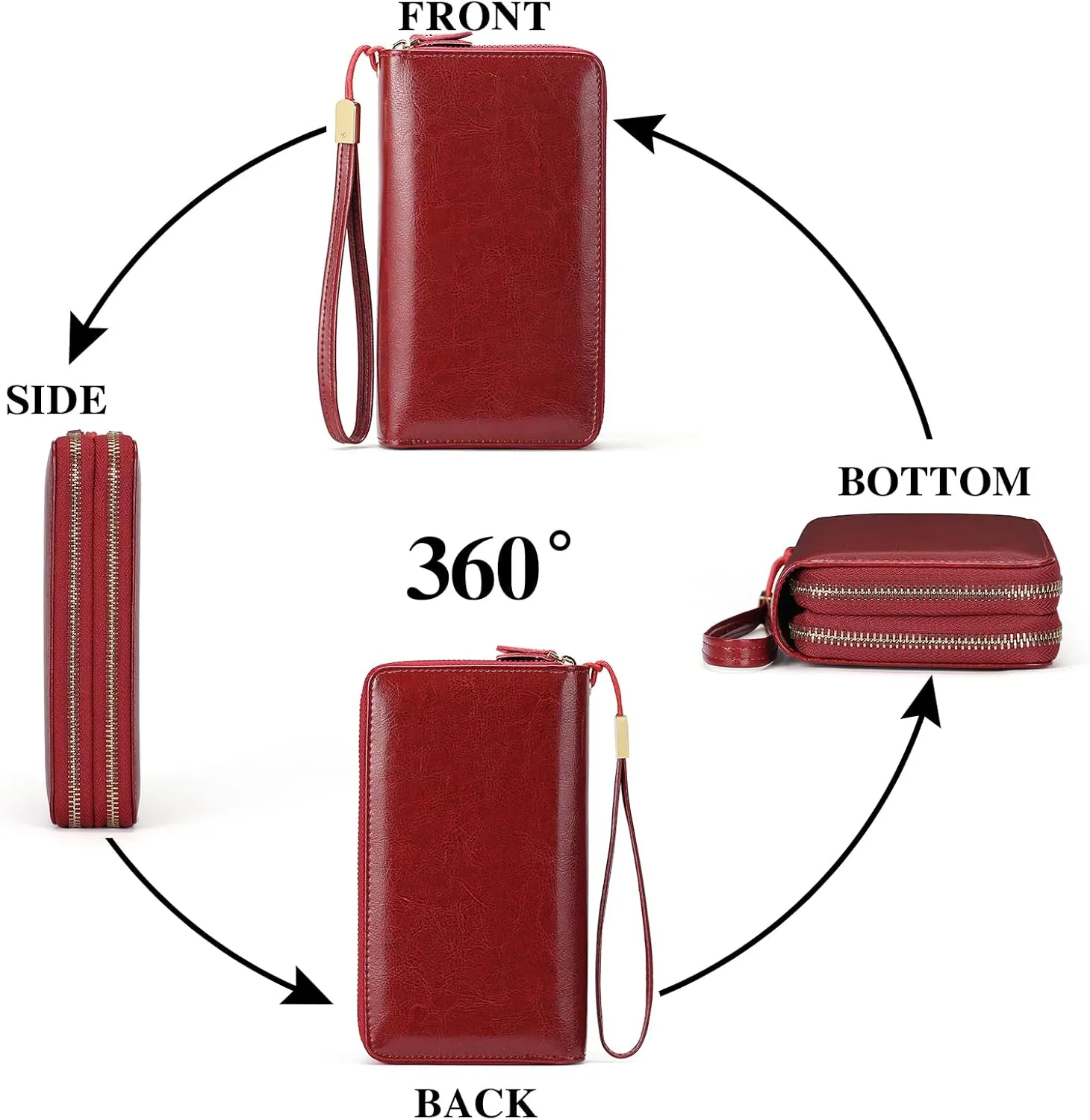 SENDEFN Leather Women Wallet RFID Blocking Zipper Around Phone Holder Clutch Wristlet Large Capacity
