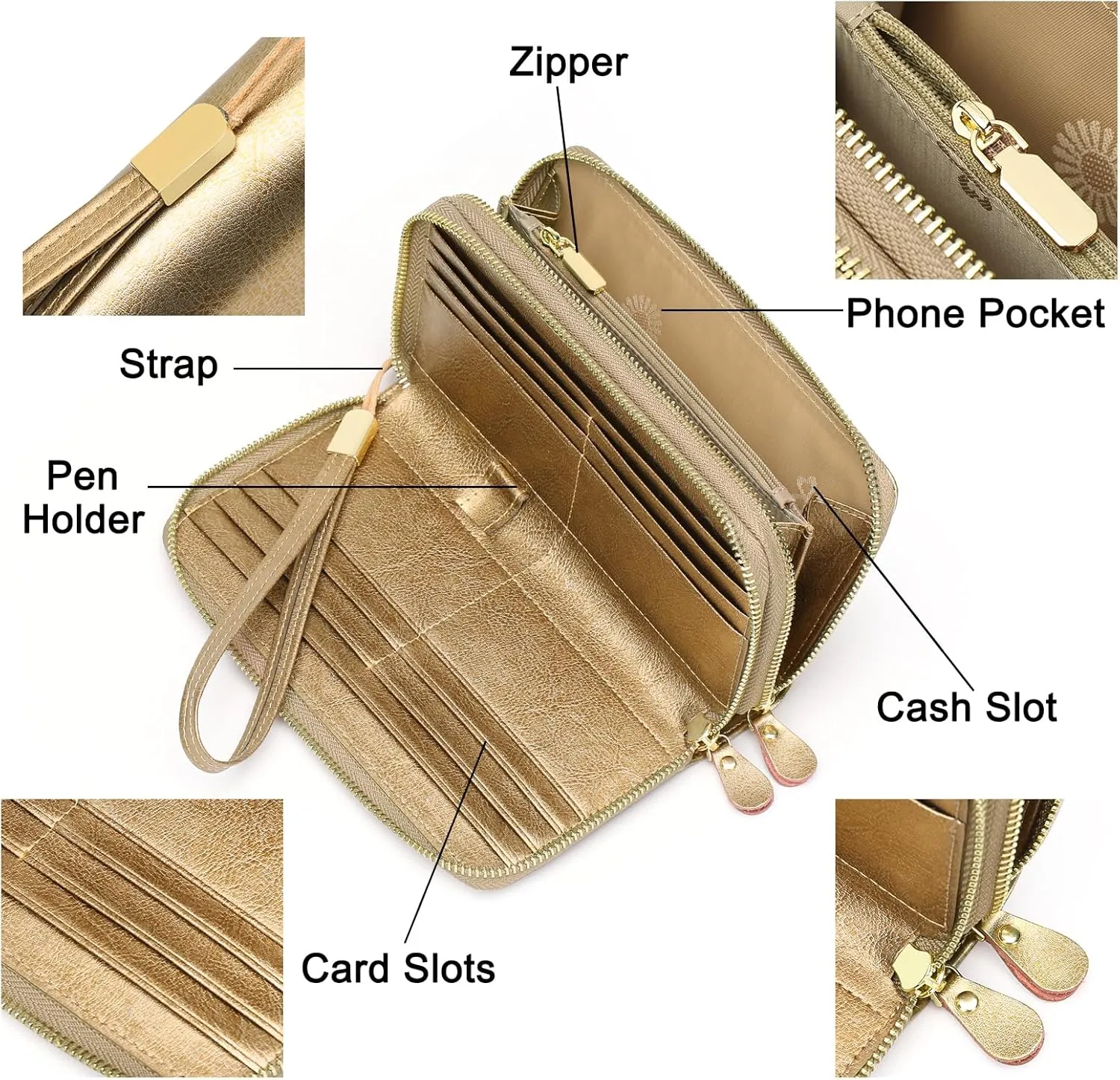SENDEFN Leather Women Wallet RFID Blocking Zipper Around Phone Holder Clutch Wristlet Large Capacity