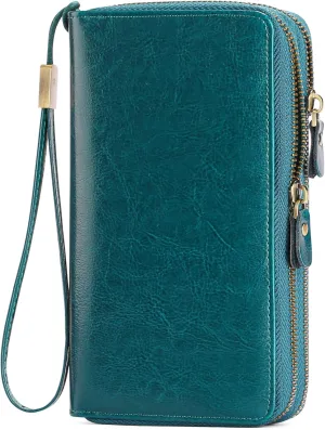 SENDEFN Leather Women Wallet RFID Blocking Zipper Around Phone Holder Clutch Wristlet Large Capacity