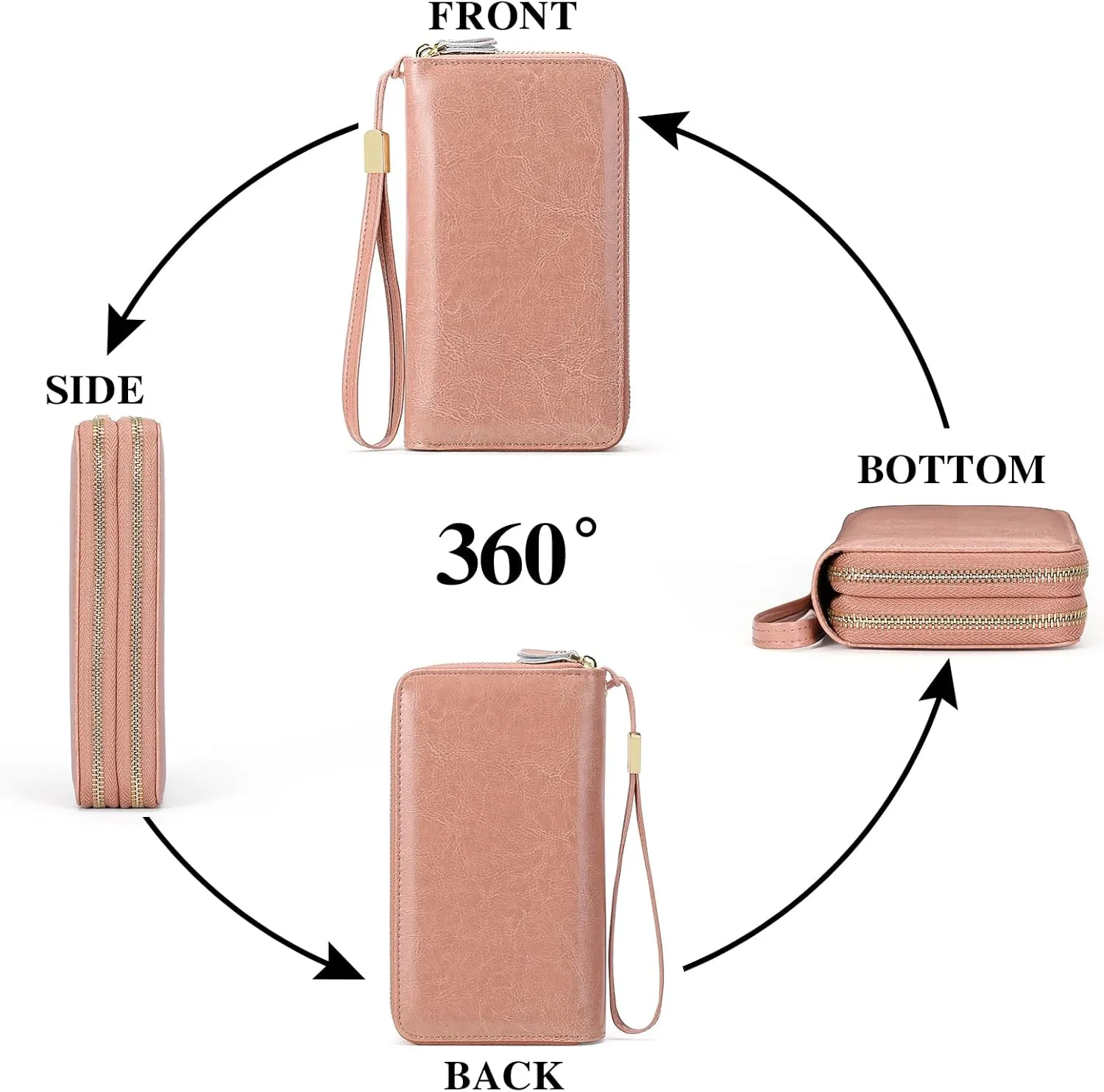 SENDEFN Leather Women Wallet RFID Blocking Zipper Around Phone Holder Clutch Wristlet Large Capacity