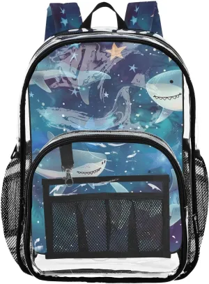senya Transparent School Bag Sharks Soar in The Starry Sky Travel Backpack With Water-Resistant PVC Plastic Clear Bagpack