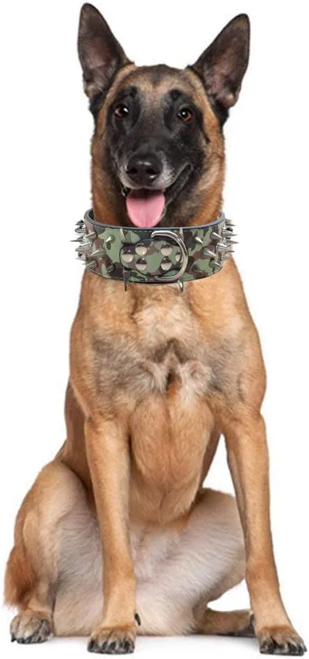 Sharp Spiked Studded Dog Collar 2 Inch Width Stylish Leather Dog Collars for Medium & Large Dogs Pitbull,Labrador,Boxer Rottweiler German Shepherd(Camouflage,XL)