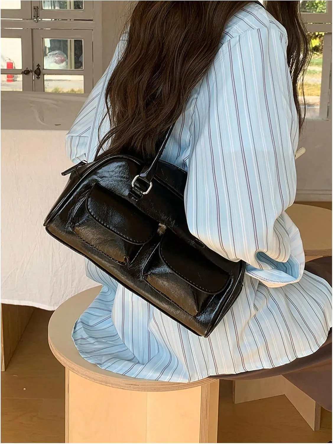 SHENHE Women's PU Leather Square Tote Bag Multi Pockets Handbags Zipper Top Handle Shoulder Bags