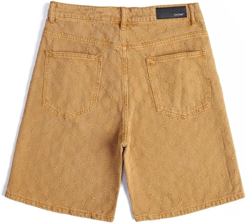 SHION7 Men's Denim Shorts, Relaxed Fit Knee Length Short Pants for Men, Ripped Baggy Half Pant, Streetwear Oversized Shorts