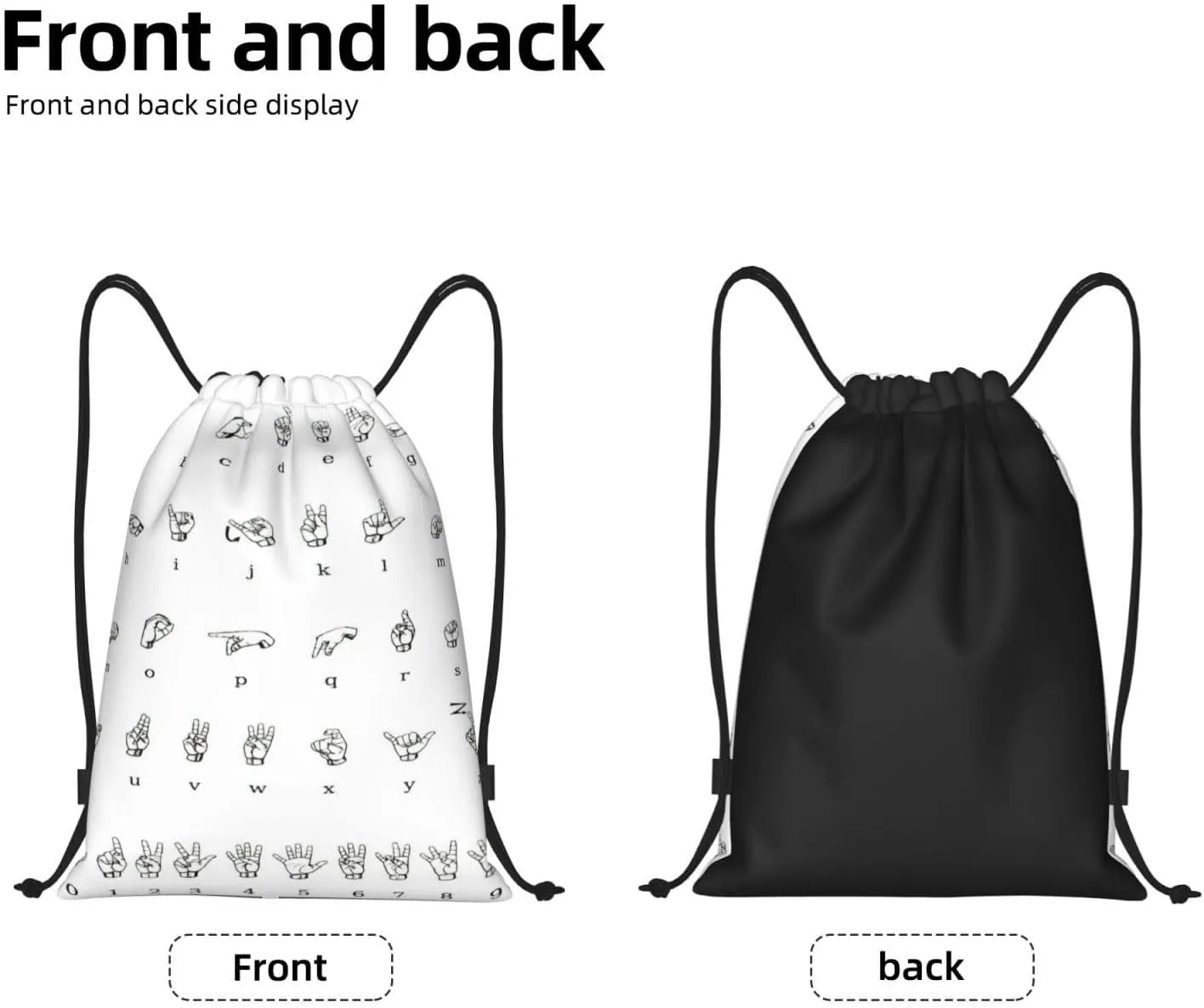 Sign Language Alphabet Print Drawstring Backpack,Foldable Gym Sack For Sports,Travel,Yoga,Hiking,Adjustable