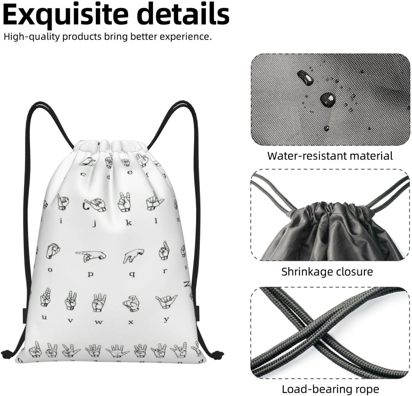 Sign Language Alphabet Print Drawstring Backpack,Foldable Gym Sack For Sports,Travel,Yoga,Hiking,Adjustable
