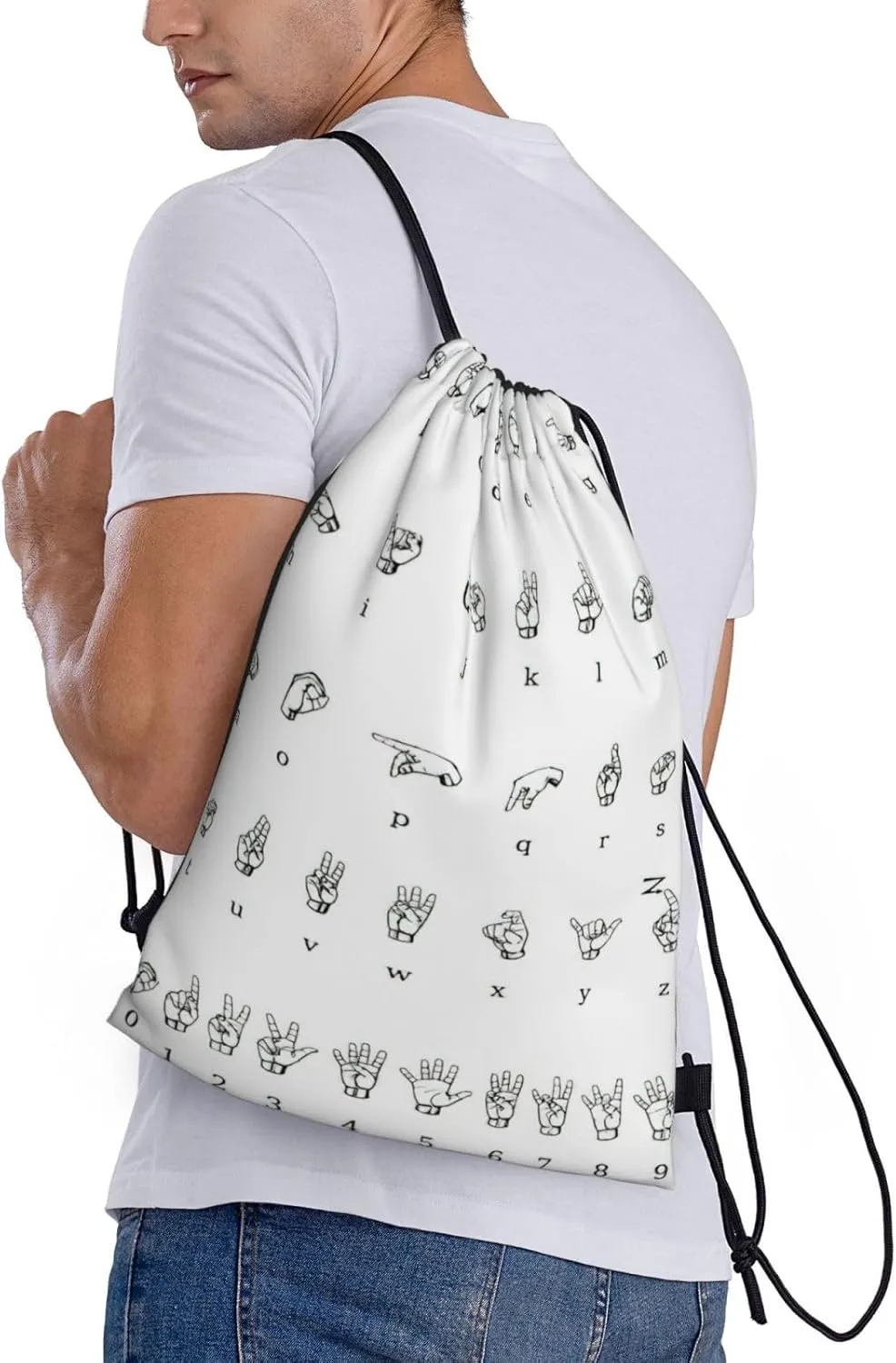 Sign Language Alphabet Print Drawstring Backpack,Foldable Gym Sack For Sports,Travel,Yoga,Hiking,Adjustable