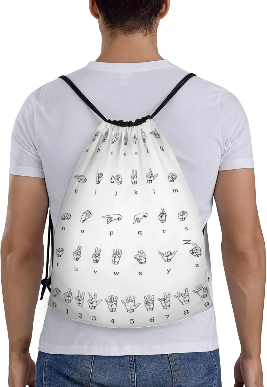 Sign Language Alphabet Print Drawstring Backpack,Foldable Gym Sack For Sports,Travel,Yoga,Hiking,Adjustable