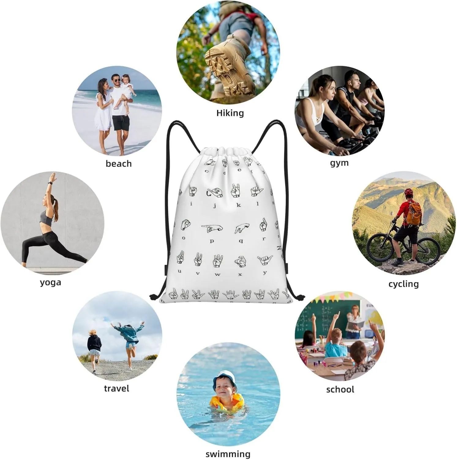 Sign Language Alphabet Print Drawstring Backpack,Foldable Gym Sack For Sports,Travel,Yoga,Hiking,Adjustable