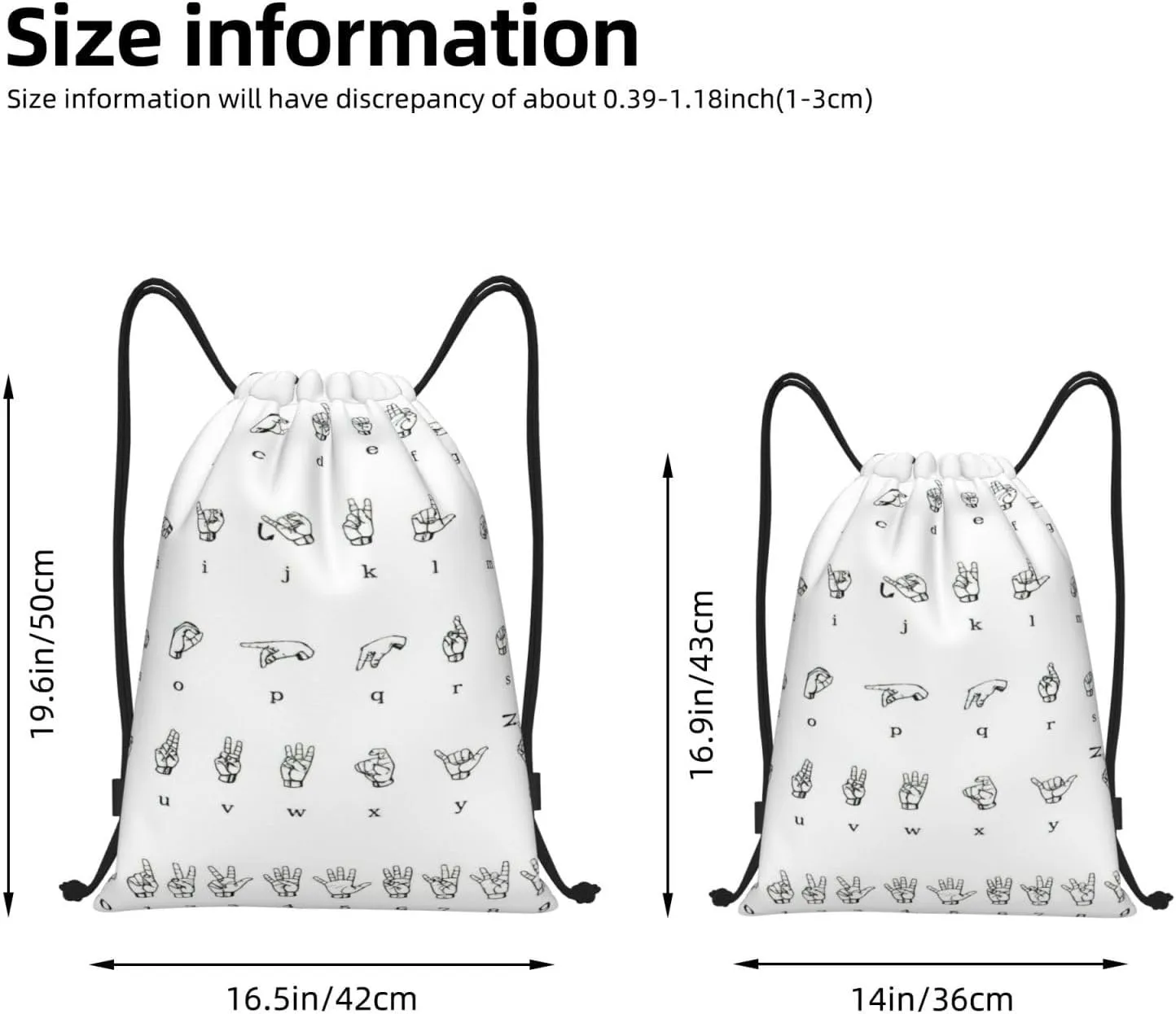 Sign Language Alphabet Print Drawstring Backpack,Foldable Gym Sack For Sports,Travel,Yoga,Hiking,Adjustable
