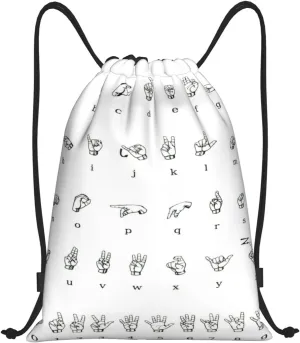 Sign Language Alphabet Print Drawstring Backpack,Foldable Gym Sack For Sports,Travel,Yoga,Hiking,Adjustable