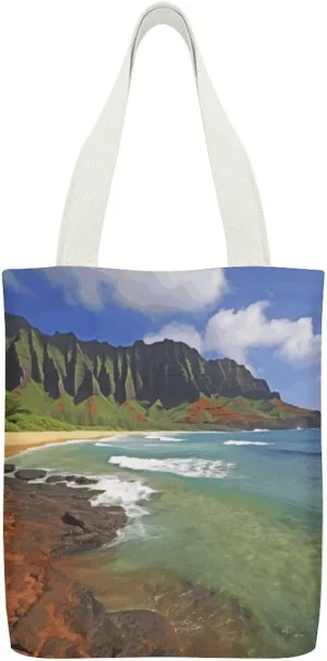 Single-sided Printed Canvas Handbag,Kauai Hawaii Seashore Print Simple Handbag,single Shoulder Tote Bag,canvas Bag