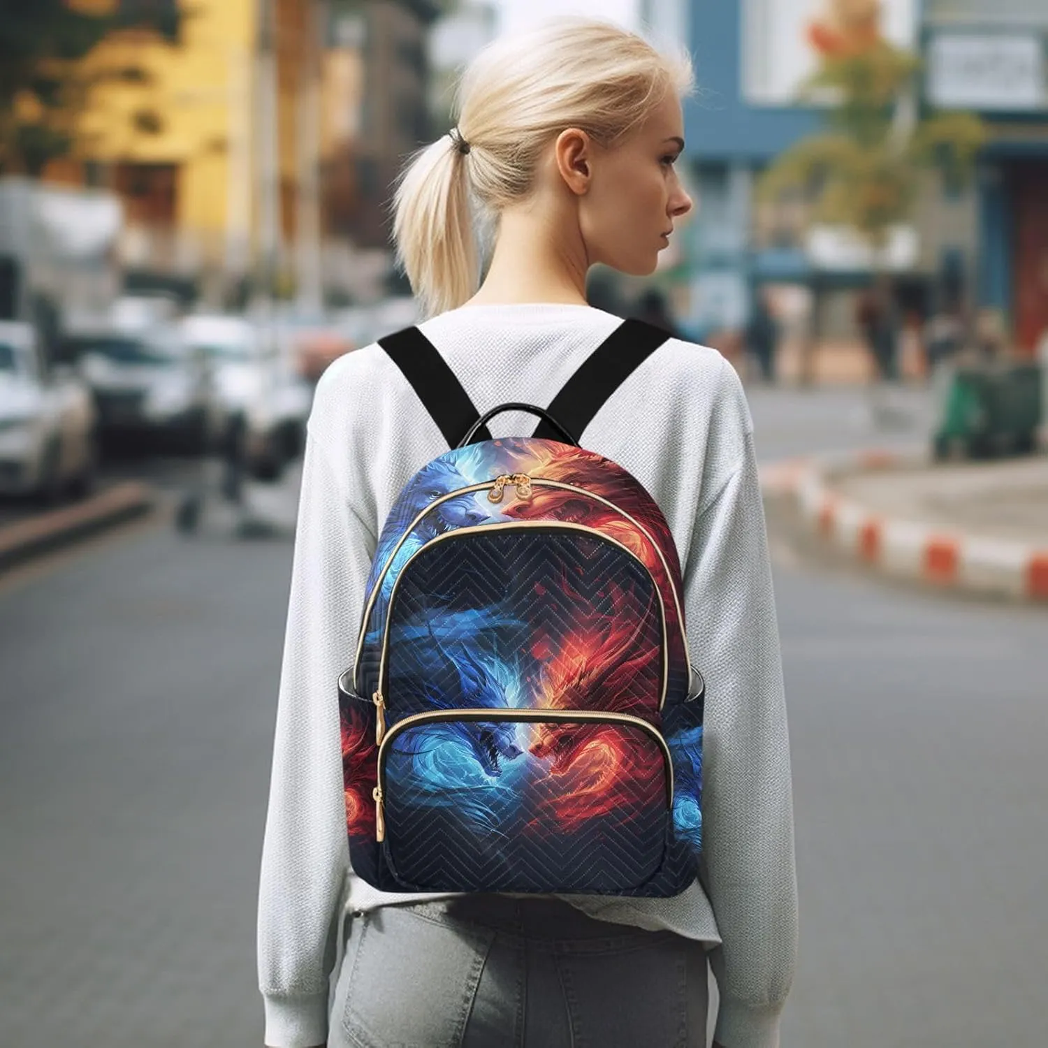 Small Backpack Purse for Women, Blue Red Dragon Travel Bag Casual Daypack Shoulder Bag