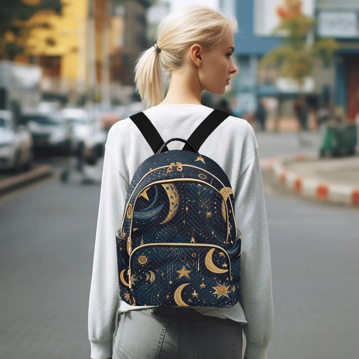 Small Backpack Purse for Women, Ethnic Stars Moons Travel Bag Casual Daypack Shoulder Bag