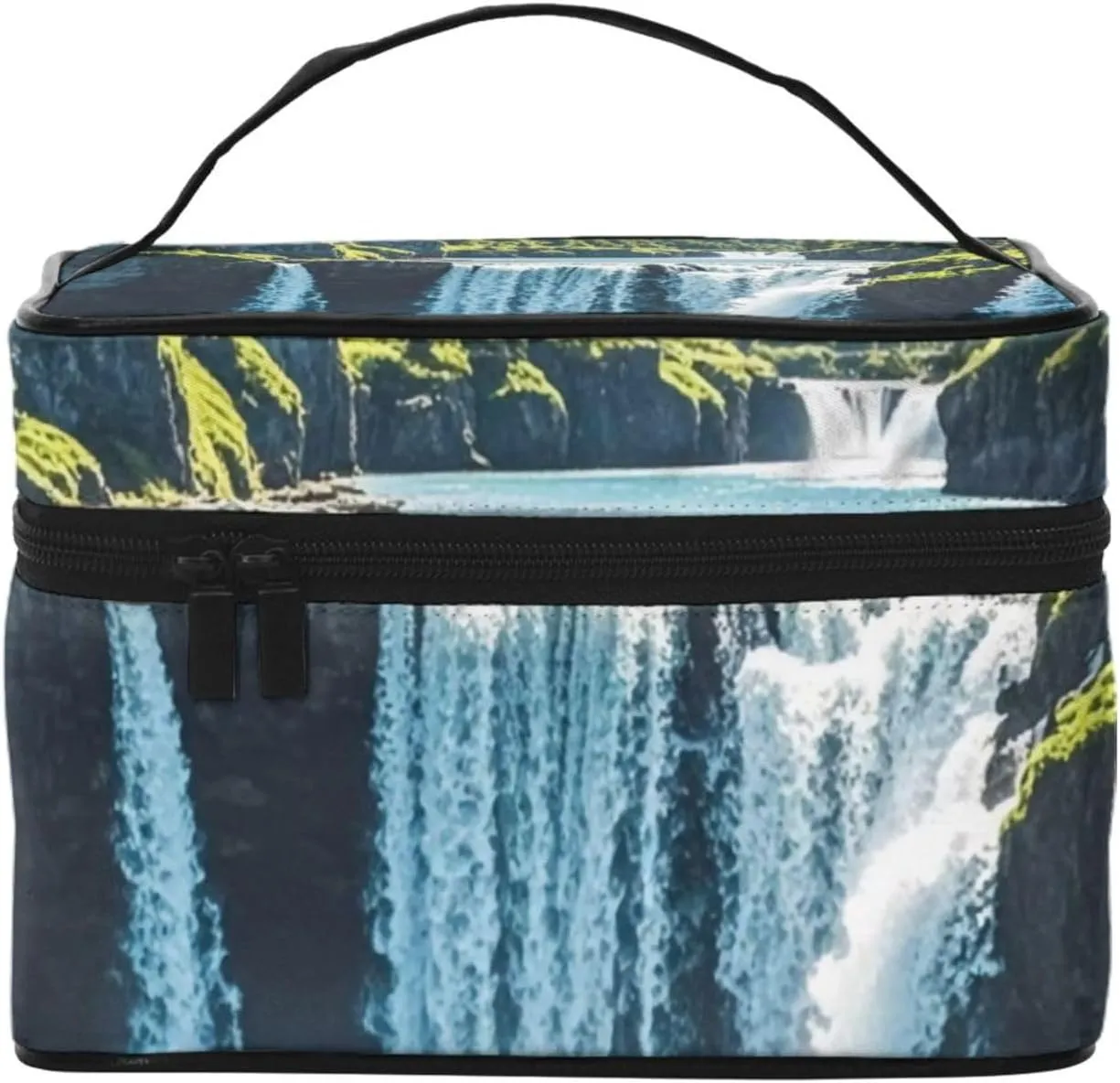 Small Coastal Cascade Print Makeup Bag,Travel Cosmetic Bag with Zipper for Women Square Make Up Bags Organizer