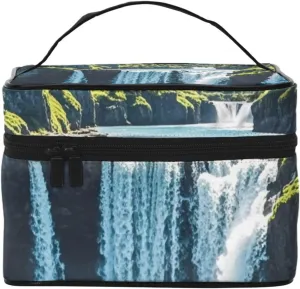 Small Coastal Cascade Print Makeup Bag,Travel Cosmetic Bag with Zipper for Women Square Make Up Bags Organizer