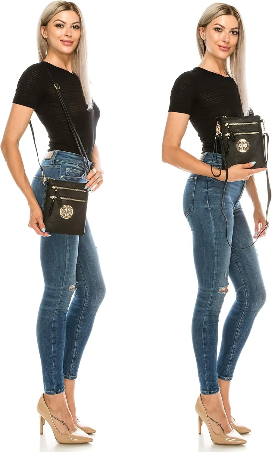 Solene Women's Faux Leather Organizer Multi Zipper Pockets With Detachable Wristlet Crossbody Bag