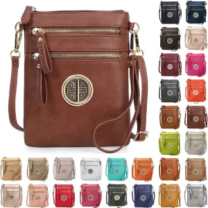 Solene Women's Faux Leather Organizer Multi Zipper Pockets With Detachable Wristlet Crossbody Bag