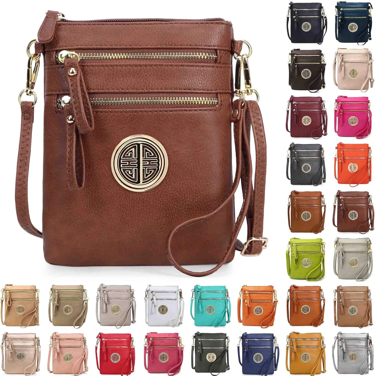 Solene Women's Faux Leather Organizer Multi Zipper Pockets With Detachable Wristlet Crossbody Bag