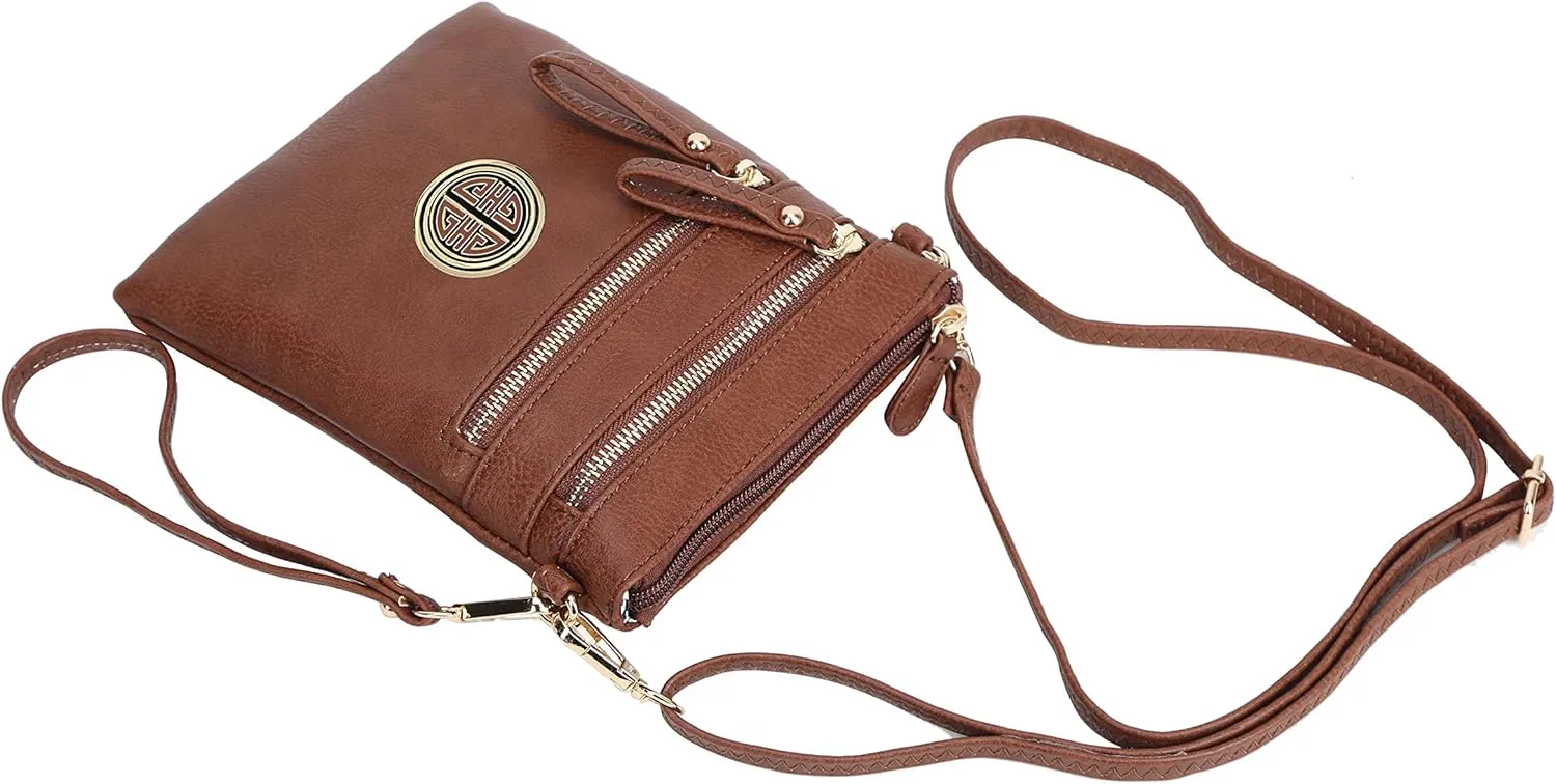 Solene Women's Faux Leather Organizer Multi Zipper Pockets With Detachable Wristlet Crossbody Bag