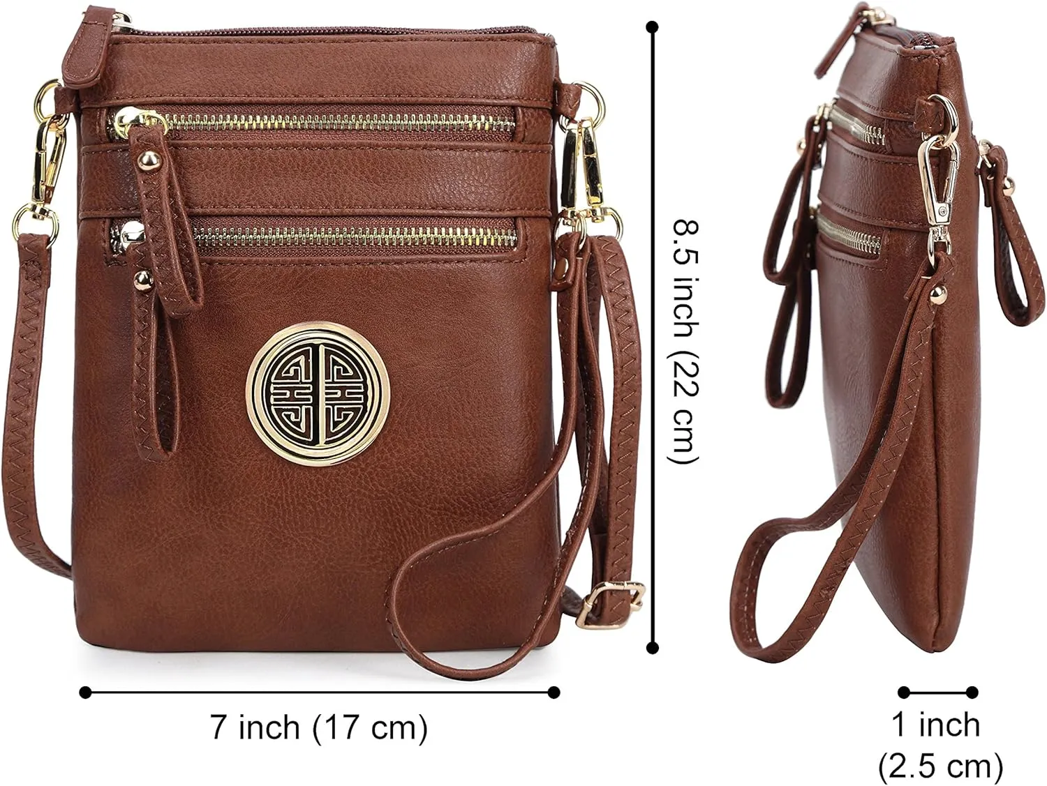 Solene Women's Faux Leather Organizer Multi Zipper Pockets With Detachable Wristlet Crossbody Bag