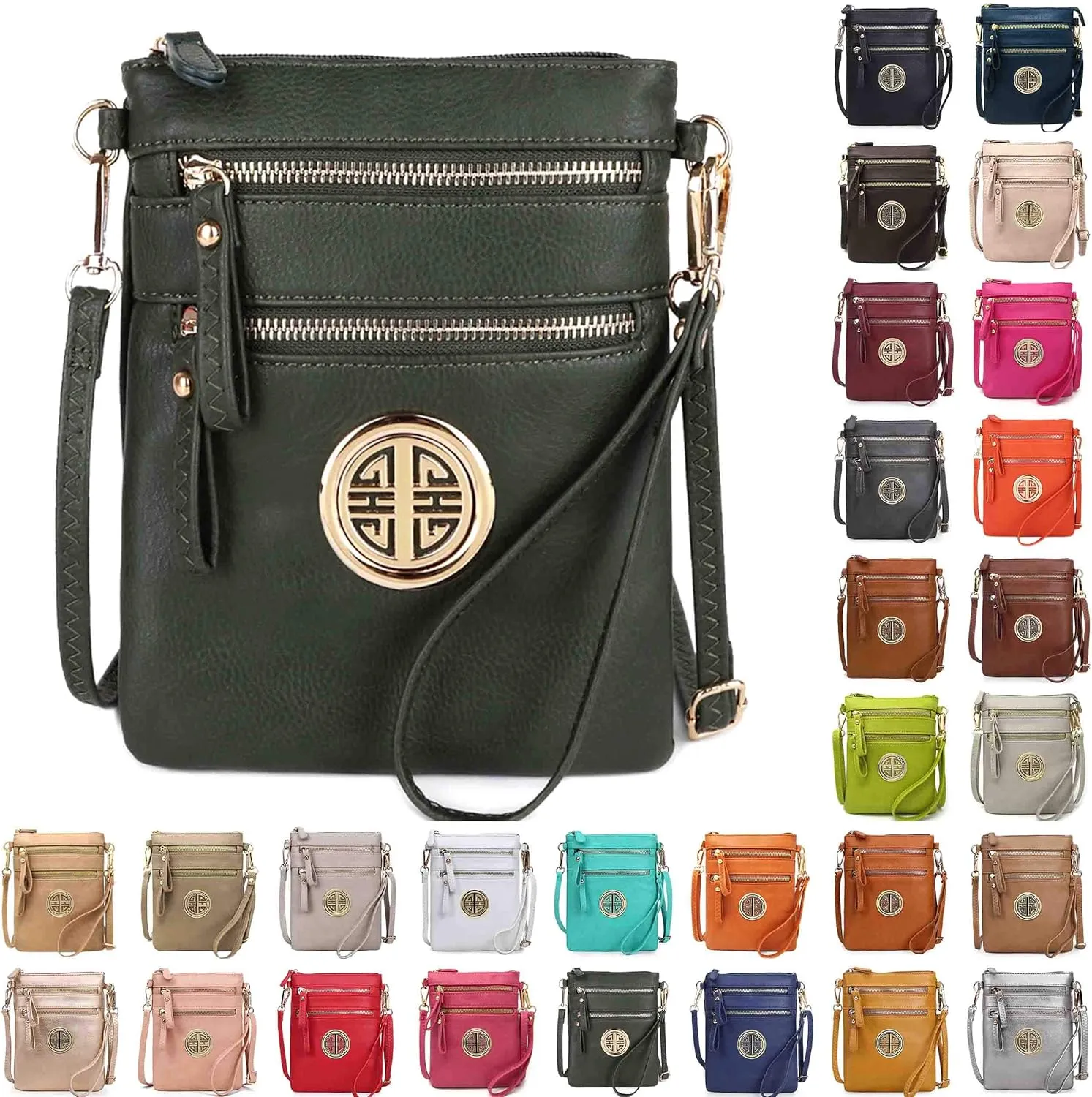 Solene Women's Faux Leather Organizer Multi Zipper Pockets With Detachable Wristlet Crossbody Bag