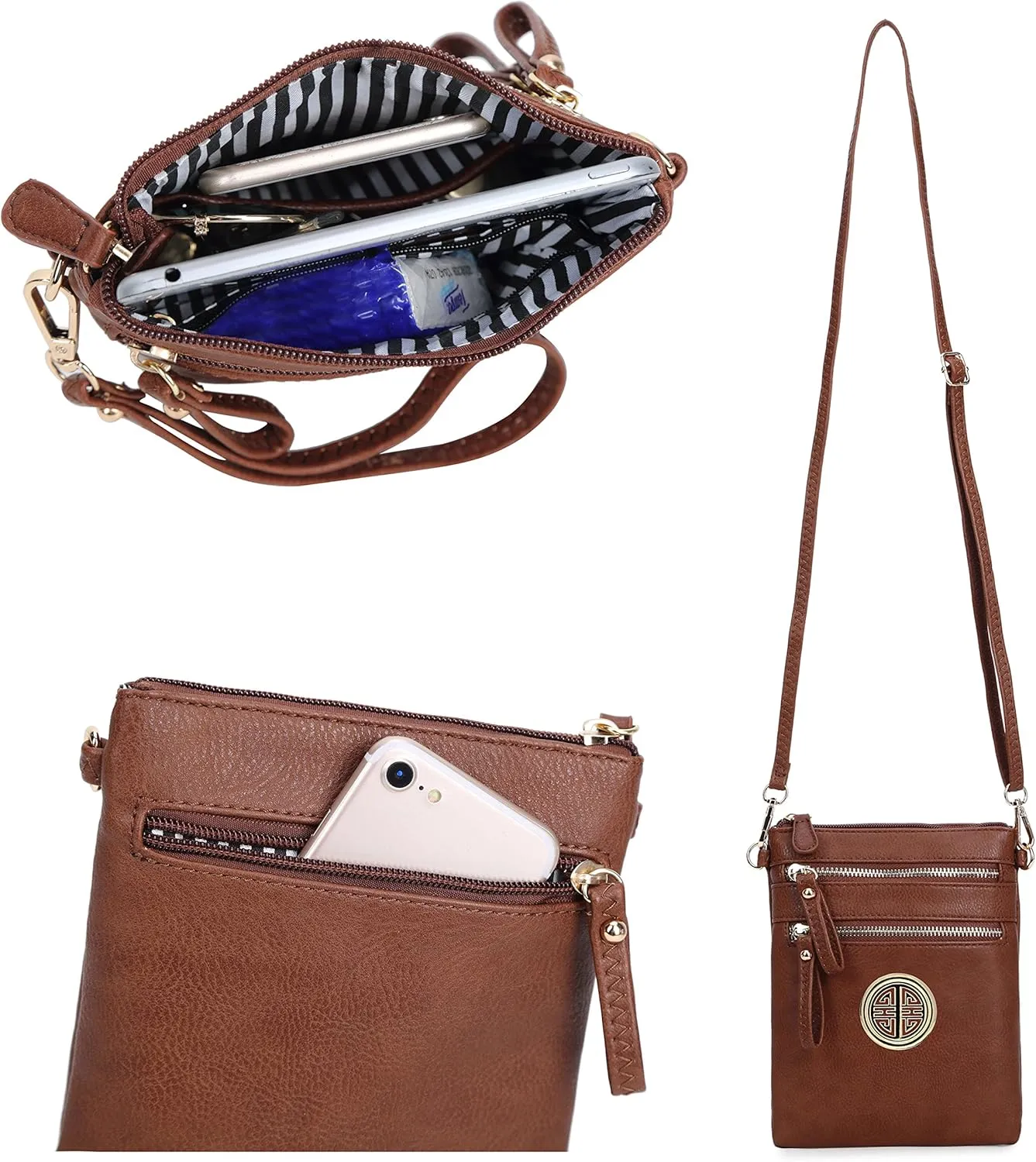 Solene Women's Faux Leather Organizer Multi Zipper Pockets With Detachable Wristlet Crossbody Bag