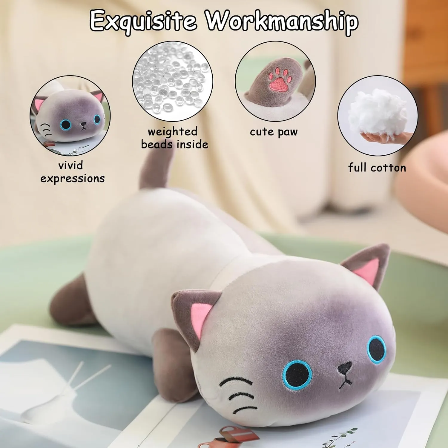 SQEQE Weighted Siamese Cat Plush, Weighted Siamese Cat Stuffed Animal, Cute Plushies Soft Pillow Toy Gift for Kids Adults 9.8 Inch, 0.8 Lbs