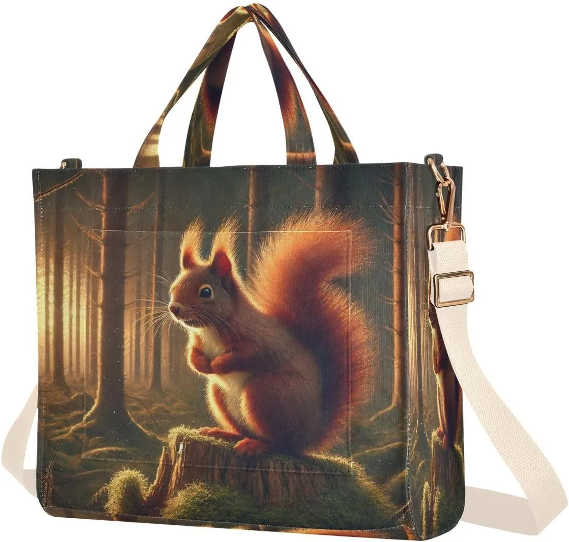 Squirrel Stump Brown Tote Bag for Women Handbags Everyday Bag Corduroy Canvas Tote Bag for Office Travel College Pool S