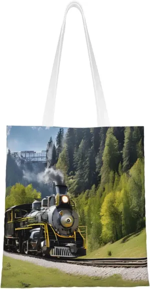 (Steam Locomotive Train) Reusable Canvas Tote Bag For Women Lightweight Handbag Shopping Bag Stylish Shoulder Bag