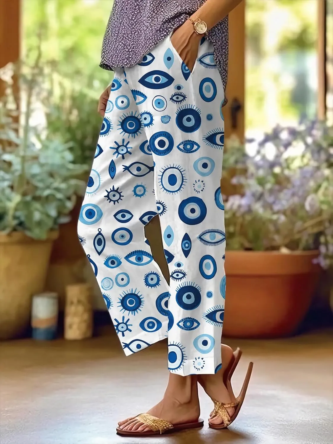 Summer Linen Pants for Women Wide Leg Boho Pants Loose Palazzo Pants Floral Pants with Drawstring and Pockets